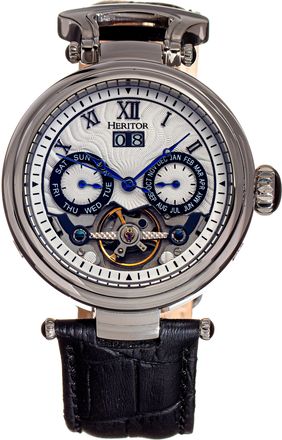 Heritor Ganzi Semi-Skeleton Leather-Band Watch