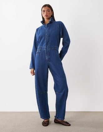 Asos tuta jumpsuit in denim con collo alto in blu medio scuro