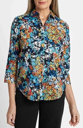Foxcroft Margie Floral Three-Quarter Sleeve Cotton Button-Up Shirt in Blue Multi at Nordstrom Rack, Size X-Small