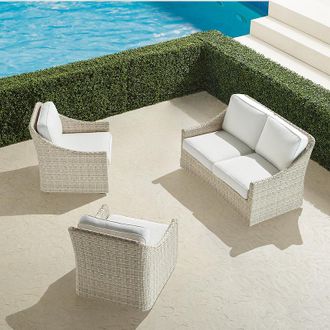 Frontgate Ashby 3-pc. Loveseat Swivel Set In Shell Wicker - Standard, Glacier with Canvas Piping - Frontgate