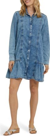 NYDJ Long Sleeve Ruffle Denim Shirtdress in Faded Beam at Nordstrom, Size Xx-Small