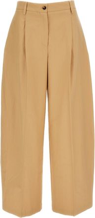 Alberto Biani Beige Cotton Front Pleat Wide-Leg Pants
