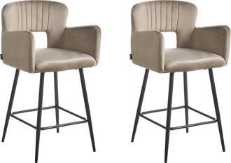 Beliani Conjunto De 2 Sillas De Bar Modernas Asiento De Terciopelo Con Reposabrazos Respaldo Acolchado Gris Pardo Sanilac