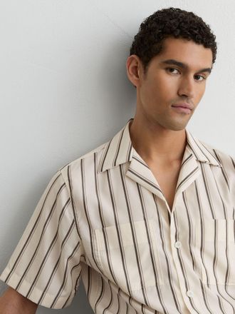 Reiss White Lyocell Stripe Relaxed Cuban-collar Shirt, Xxl
