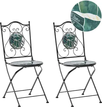 Beliani Conjunto De 2 Sillas De Exterior De Metal De Estilo Vintage Motivo Mosaico Plegable Estructura De Hierro Negro Verde Cozzana