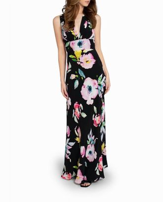 Nicole Miller Silk Plunge Open Back Gown In La Fleur