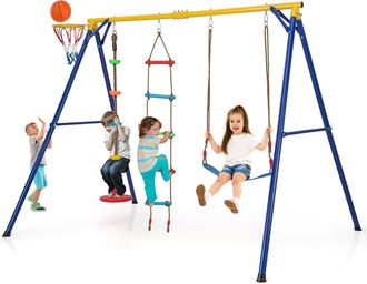 Costway Costway Columpio Jard&iacute;n Exterior, Juego 4 En 1 De Columpio Infantil, Estructura De Metal, Aro De Baloncesto, Columpio, Escalera, 1 Disco Con Cuerda, 2