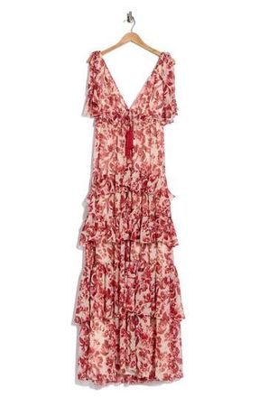 Cinq &agrave; Sept Omelia Floral Flutter Sleeve Tiered Chiffon Gown in Cherry Rose Multi at Nordstrom Rack, Size 00