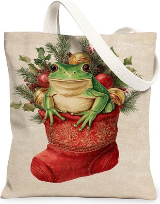 Generic Christmas Amphibian Canvas Tote Bags, Holiday Plant Pattern Reusable Bags, Vintage Lightweight Washable Shoulder Strap Canv, Beige, 13x15 Inch