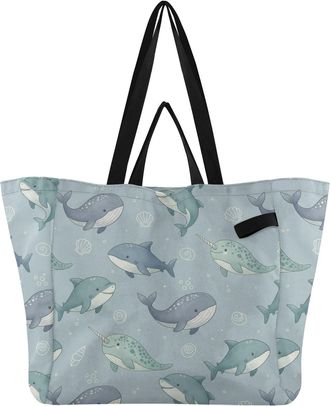 Generic Underwater Whales Shells Blue print Reusable Canvas Tote Bag, Heavy Duty Grocery Shopping Bag with Large Capacity Hard Bottom Double Handles Work Groc