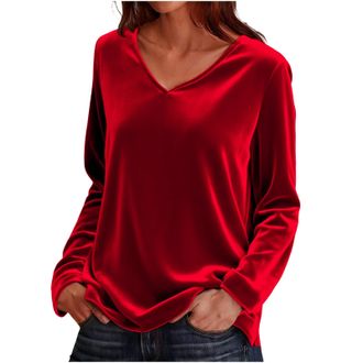 Generic Velvet Tops for Women Uk Casual Long Sleeve Sweatshirt Loose V Neck Vintage Blouses Cozy Soft Longline Tunic Top Ladies Elegant T Shirts Warm Jumper S