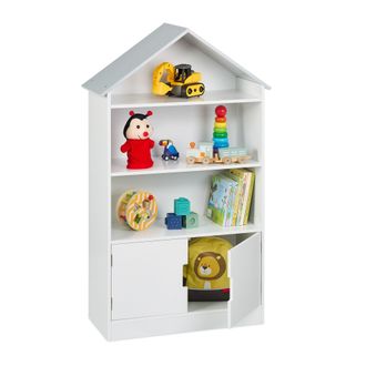 Relaxdays Relaxdays - Estanter&iacute;a Infantil, Forma De Casa, Librer&iacute;a Ni&ntilde;os, 3 Baldas Abiertas Y 1 Con Puerta, 115x68x28cm, Blanco/gris