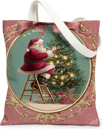 Generic Christmas Santa Canvas Tote Bags, Retro Holiday Design Reusable Grocery Bags, Vintage Elegant Lightweight Washable Shoulder, Peach, 13x15 Inch