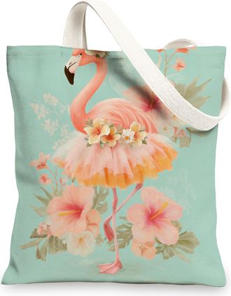 Generic Tropical Bird Canvas Tote Bag, Floral Reusable Shopping Bags, Lightweight Aqua Shoulder Strap Bags 13x15 Inch