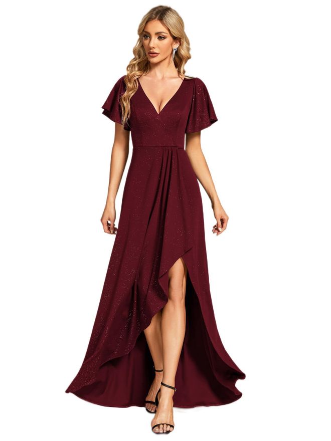 navy blue dress for baby girl Ever-pretty Evening Dress Womens Deep V-Neck High Slit Ruffles Sleeves A- Line Party Prom Dress Burgundy 24UK from £59.99