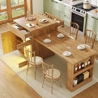 Merax Oak Effect Extendable Kitchen Island With LED Pull-Out Dining Table in Light Oak