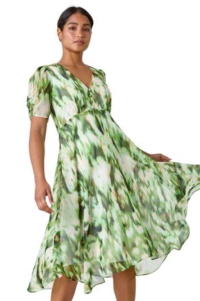 Roman Womens Abstract Chiffon Hanky Hem Asymmetric Dress - Green Fur - Size 12 UK