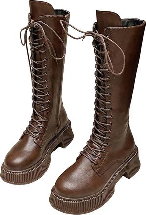 Generic Womens Brown Knee High Boots Combat Knitted Shaft Boots Lace Up Pu Leather Waterproof Boot Fall Winter Side Zipper Single Mid Calf Punk Goth Non Slip 