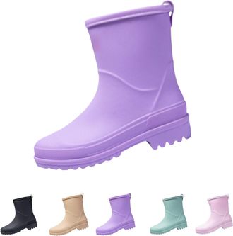 Generic Slip On Rain Boots for Womens Wellington Mid Calf Boots with Plush Lined Waterproof, Anti-Slip Ankle Snow Booties Ladies Winter Warm Outdoor Rain Shoe