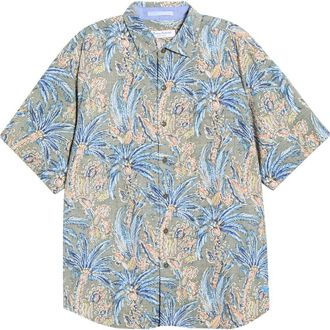 Tommy Bahama Nova Wave Fiera Fronds Short Sleeve Cotton Blend Seersucker Button-Up Shirt in Palm Moss at Nordstrom, Size Xxx-Large