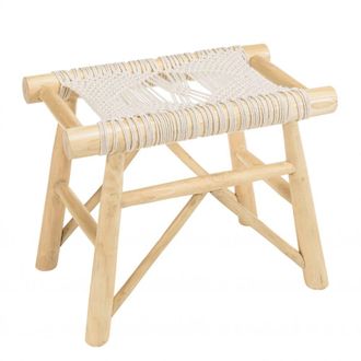 Macabane Taburete de ramas de madera de teca y macram&eacute; blanco