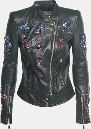Roberto Cavalli Black Leather Embellished Biker Jacket