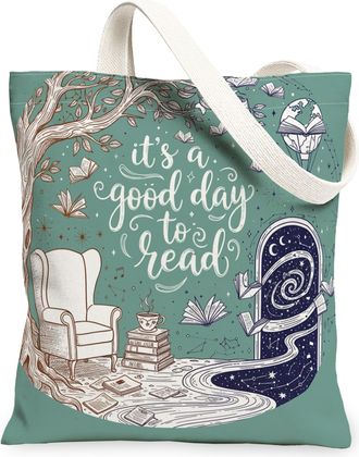 Generic Artistic Teal Canvas Tote Bags, Book and Tree Design Reusable Grocery Bags, Vintage Lightweight Washable Shoulder Strap for, Teal, 13x15 Inch
