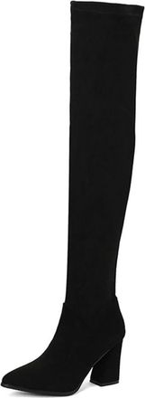 Generic Womens Faux Suede Over The Knee Thigh High Boots Pointed Toe Block Heel Pull On Warm Winter Shoes (5.5,Black)