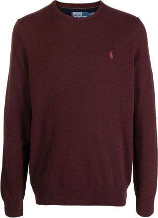 Polo Ralph Lauren Wijnrode wollen trui met poloponymotief - Heren - Ronde hals truien - Bruin - XL - Wol - Truien & Vesten