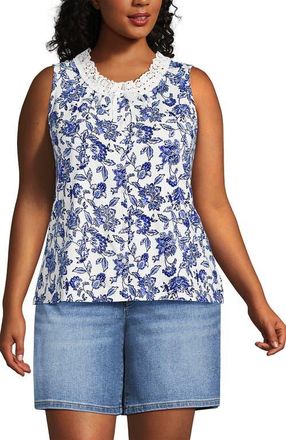 Lands End Lightweight Jersey Button Front Lace Trim Tank in Ivory/blue Vintage Floral at Nordstrom, Size 1X