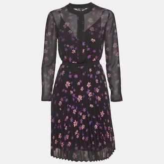 Maje Black Floral Print Chiffon Plisse Midi Dress