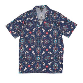 Dolly Noire Blauwe Fronds Tapestry Bowling Shirt - Heren - Korte mouwen Overhemden - Veelkleurig - L - Katoen - Overhemden
