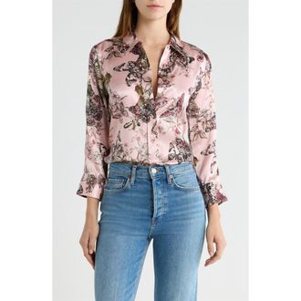 L'agence Dani Butterfly Print Three-Quarter Sleeve Silk Button-Up Shirt in Light Nectar Pink Butterfly at Nordstrom, Size Xx-Small