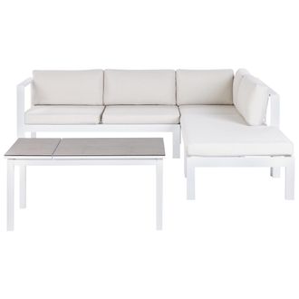Beliani Conjunto De Jard&iacute;n 5 Plazas Sof&aacute; Y Mesa Elevable Estructura Blanca Tablero De Vidrio Y Cojines Blanco Crema Messina