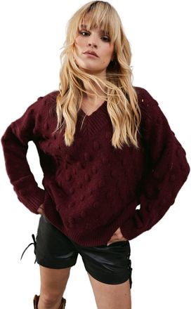 Warehouse Bubble Knit Slouchy V Neck Jumper, M, Wine