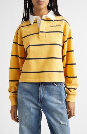 Sporty & Rich Serif Logo Embroidered Cotton Long Sleeve Rugby Polo in Faded Gold/White/Dark Navy at Nordstrom, Size X-Small