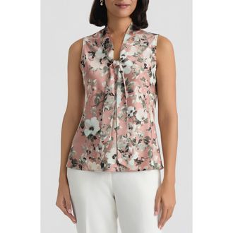 Kasper Floral Print Tie Neck Sleeveless Top in Tearose Multi at Nordstrom, Size X-Small
