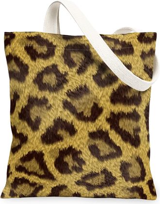 Generic Leopard Print Canvas Tote Bags, Wild Animal Pattern Reusable Grocery Bags, Stylish Vintage Lightweight Washable Shoulder St, Yellow, 13x15 Inch