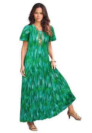 Roaman's Plus Size Hand Crinkled Flutter-Sleeve Maxi Dress in Green Abstract Ikat at Nordstrom, Size 20P