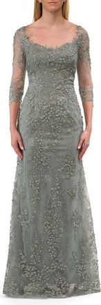 La Femme Unique Lace Gown with Square Neckline and Illusion Sleeves in Dusty Sage at Nordstrom, Size 10