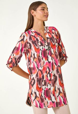 Roman Abstract Print V-Neck Button Top