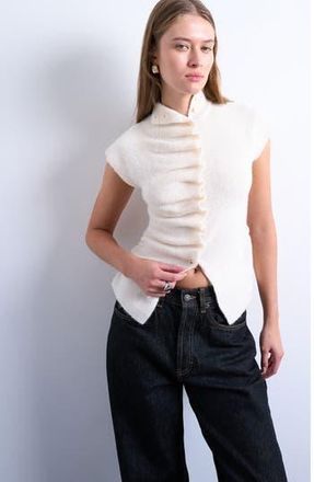 Topshop Ruffle Button Front Knit Top in White at Nordstrom Rack, Size Medium