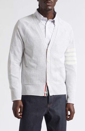 Thom Browne Relaxed Fit Crossover Tuck Stitch Linen & Cotton V-Neck Cardigan in Pale Grey at Nordstrom, Size 1