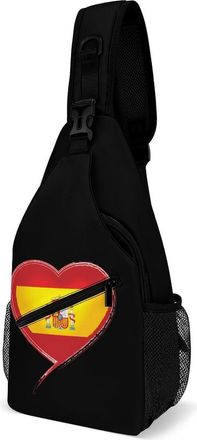 Generic Spain Flag with Heart Mens Crossbody Chest Sling Bag for Travel Hiking Lightweight Shoulder Bags with Small Side