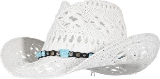 Eozy Men & Womens Summer Cowboy Cowgirl Straw Hat Hollow Out Style Roll Up Brim Beach Sun Hat for Ladies White