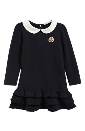 Moncler Kids Long Sleeve Ruffle Hem Polo Dress in Blue Navy at Nordstrom, Size 12-18M
