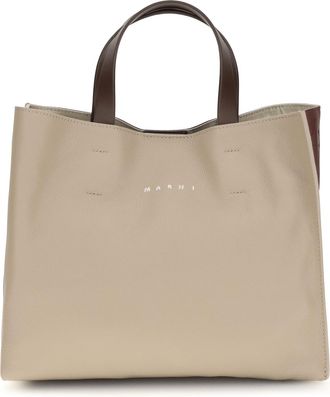 Marni Womens Tote Bag Museo Calf Leather Moon Stone-Dark Burgundy-Coffee Shoulder Stone/dark Burgundy/coffee