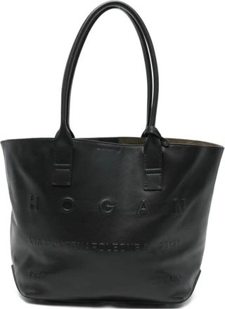Hogan Leren Tote Bag met Logo in Reli&euml;f - Dames - Shoppers - Zwart - ONE Size - Leer - Tassen
