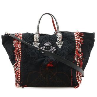 Christian Louboutin Black Red Color White Canvas Leather Shoulder Bag Tote Bag (Pre-Owned)