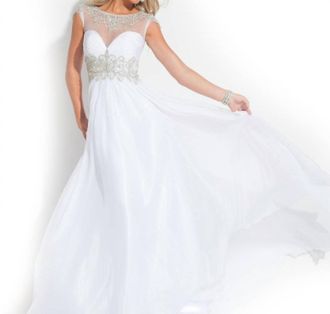 Rachel Allan Beaded High Mesh Neck Chiffon Prom Gown In White